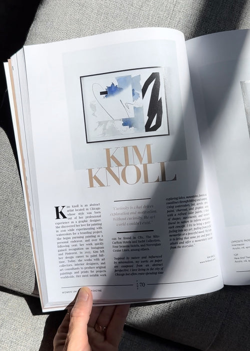 Photo of a blue, black and white abstract painting and an interview with Kim Knoll in text