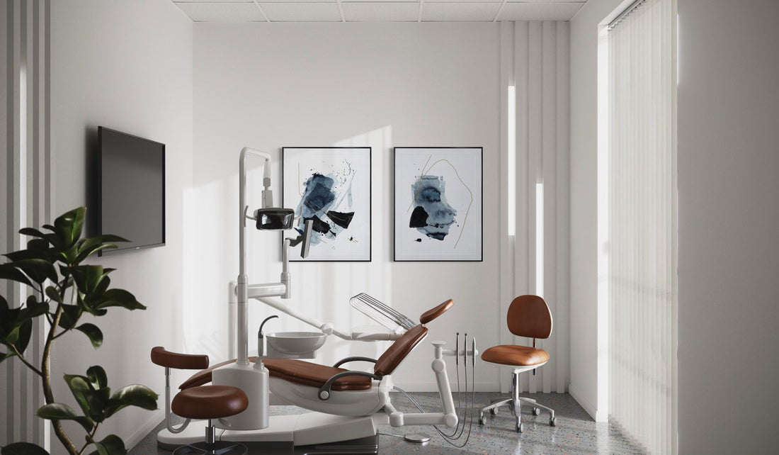 Diptych of 2 contemporary minimal abstract artworks on the wall of a patient room inside a dental office