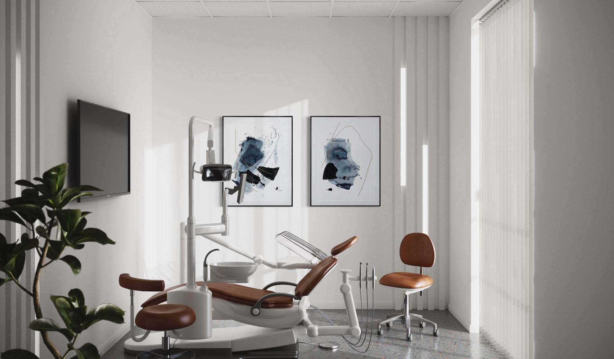Diptych of 2 contemporary minimal abstract artworks on the wall of a patient room inside a dental office